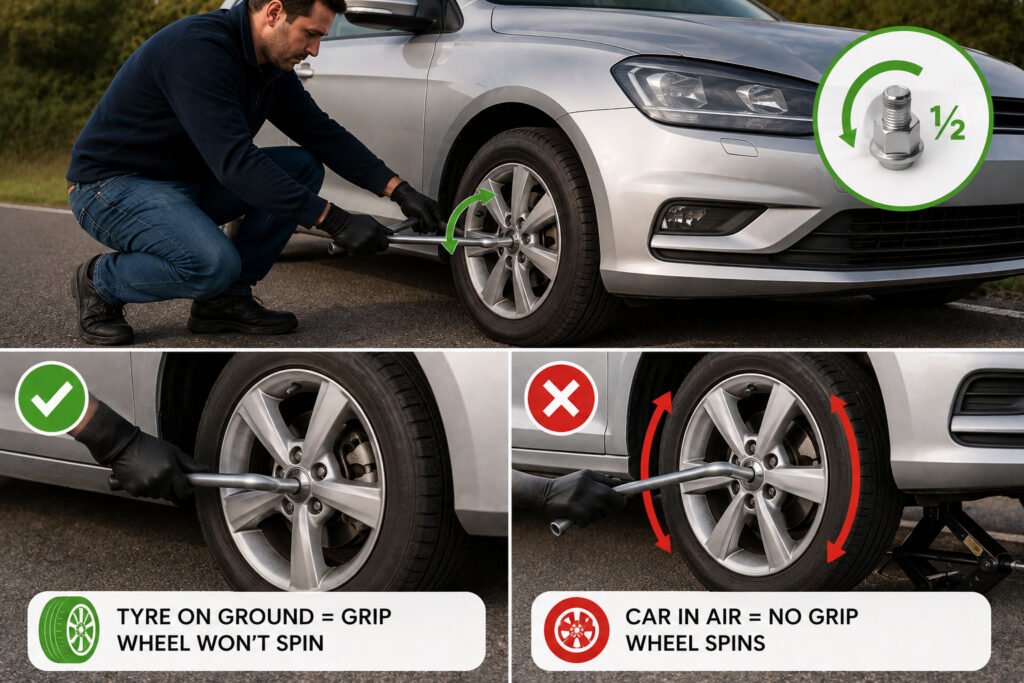 Loosen the wheel nuts while the tyre is still down