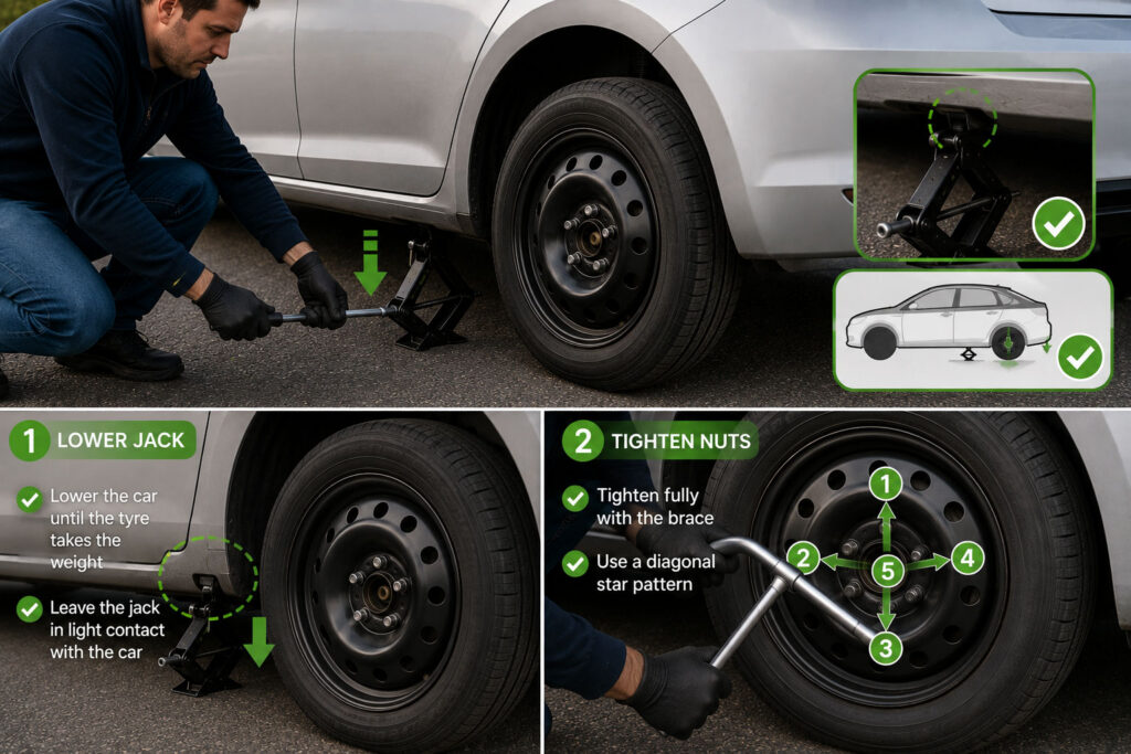 Lower the car and tighten properly