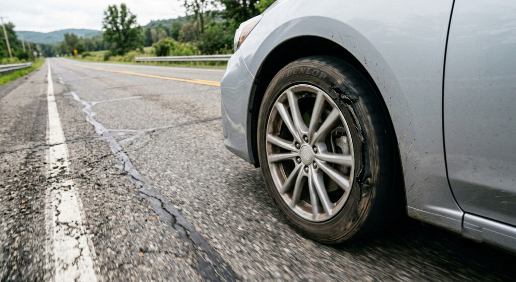 car driving with damage sidewall