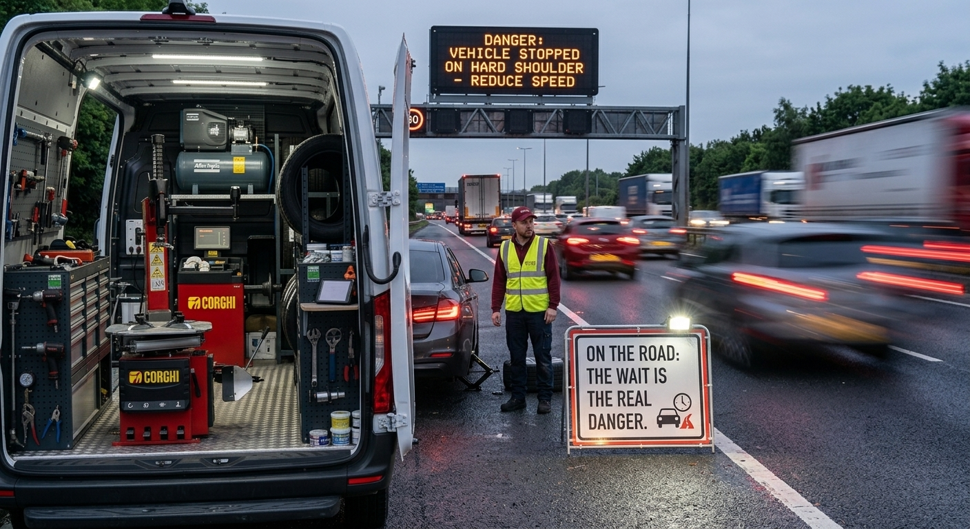 mobile tyre fitting on the road side with safety