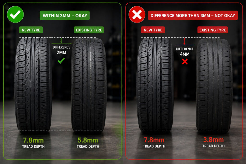 Difference between new tyre vs existing tyre tread mm