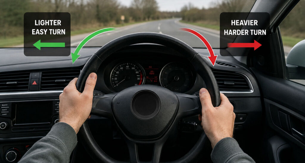 The steering feels heavier one way than the other